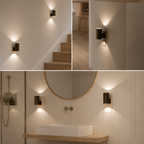 A collage of three interior scenes showing black wall sconces mounted on walls and casting warm light downward. The top-left panel shows the sconces installed on a staircase wall, the top-right on a plain interior wall, and the bottom panel shows them installed in a bathroom above a wooden vanity and white vessel sink.
