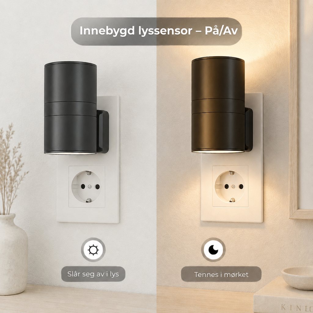 A split comparison showing a cylindrical wall light in two states: off on the left (black body, no light emitted) and on on the right (warm light glowing from the bottom and casting a warm yellow glow). The image includes Swedish text overlays explaining the light sensor functionality.